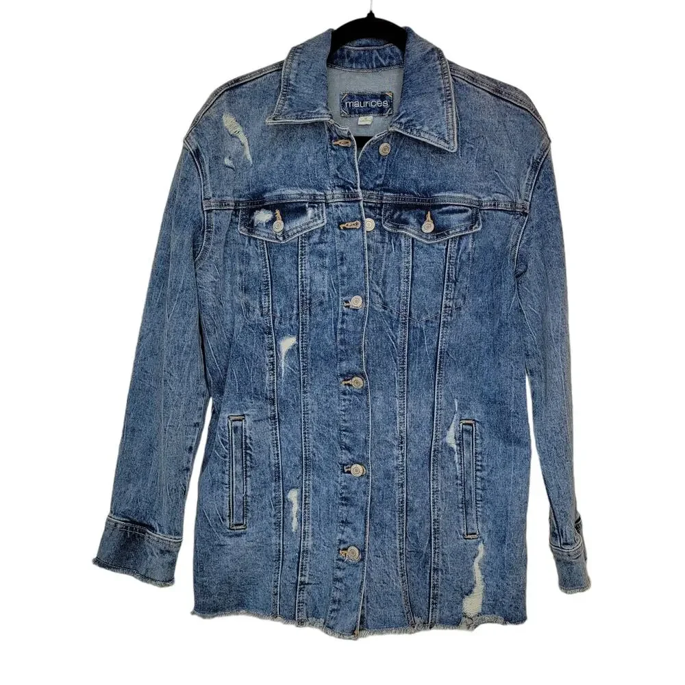 Maurices Vintage Girlfriend Distressed Long Denim Jacket Women Sz S - Picture 6 of 8
